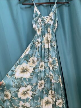 Teal Hawaiian Floral Maxi Dress with Smocked Waist